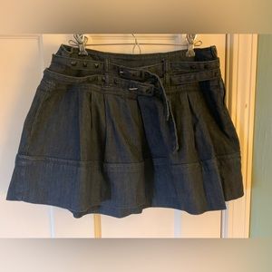 Pleated Dark Blue Denim Mini Skirt With Metal Studded Double Belt